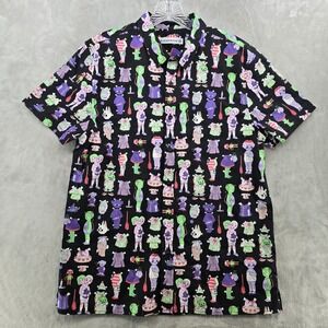 Black Friday Mens XL Button Up Shirt Black Creepy Cute Monster Paper Doll Print